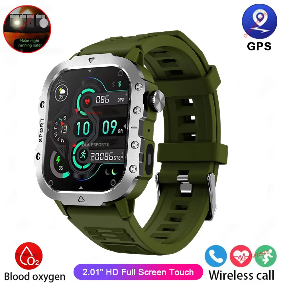 Ola Esporte Reloj Militar 2026 para hombre con pantalla HD 2.01", linterna LED y Bluetooth, en color plateado.