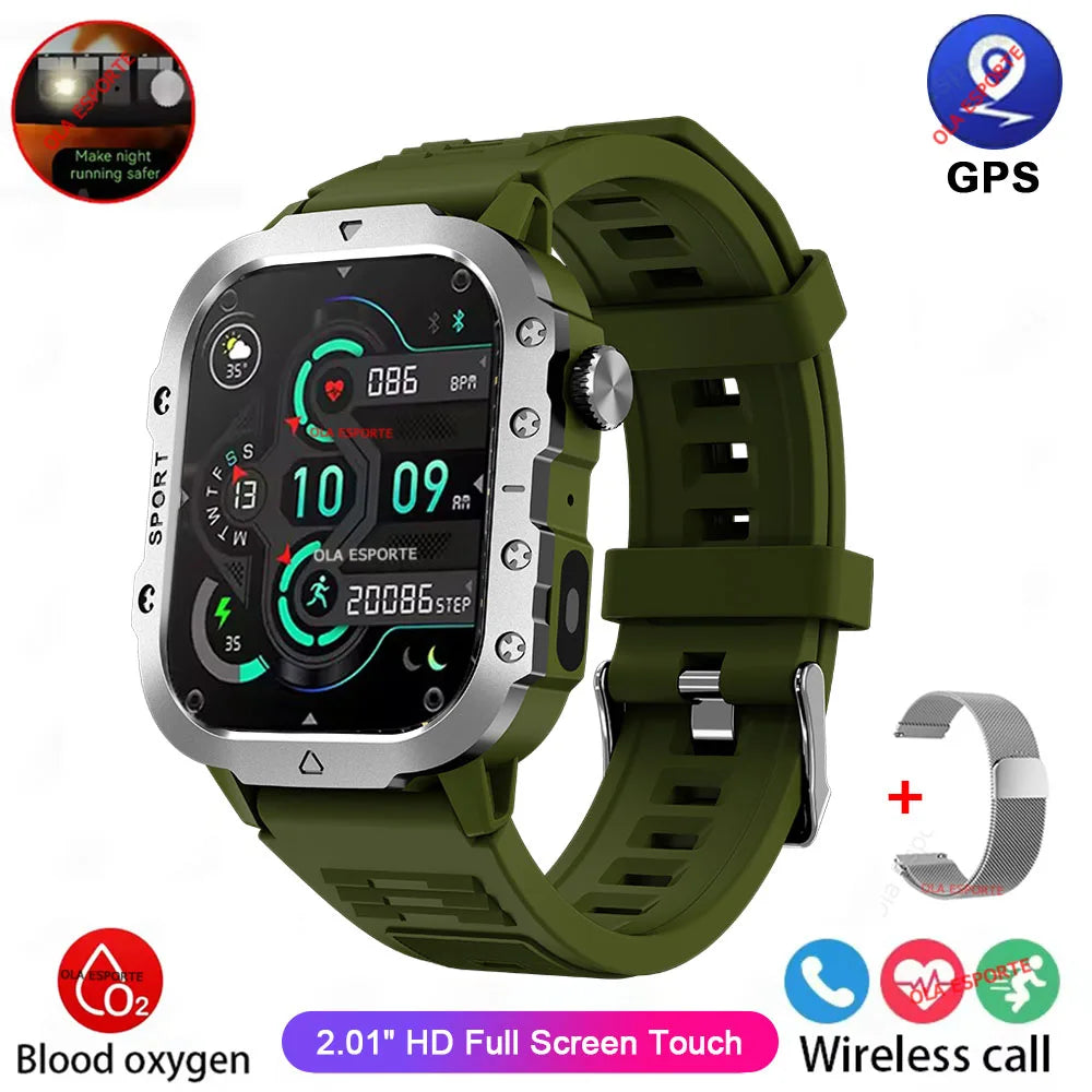 Ola Esporte Reloj Militar 2026 para hombre con pantalla HD de 2.01 pulgadas, linterna LED y función Bluetooth.