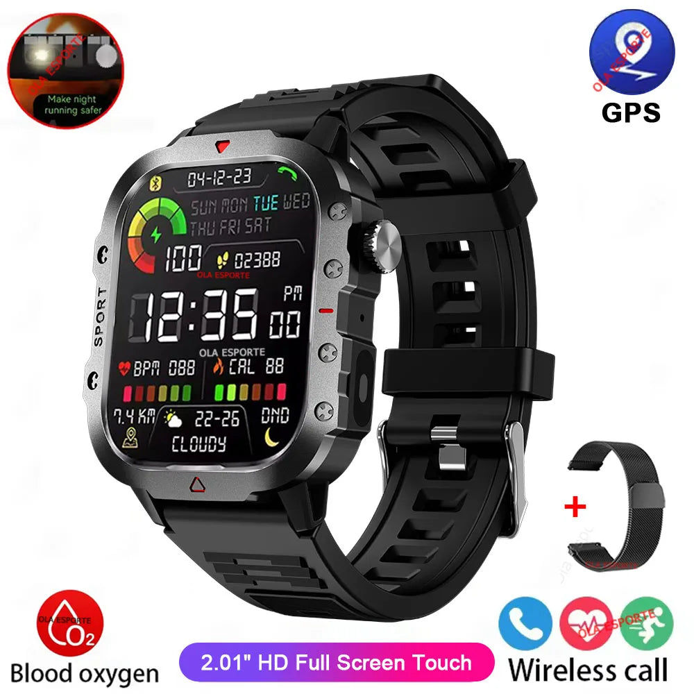 Ola Esporte Reloj Militar 2026 Hombre con pantalla HD 2.01" y linterna LED, Bluetooth, en color plateado, resistente y moderno.