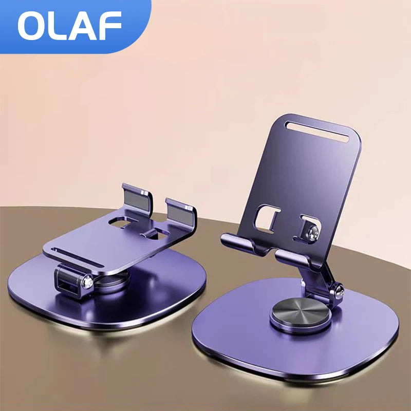 Olaf adjustable aluminum rotating stand for mobile phones and tablets on a desk, gray color, lightweight and sturdy design.