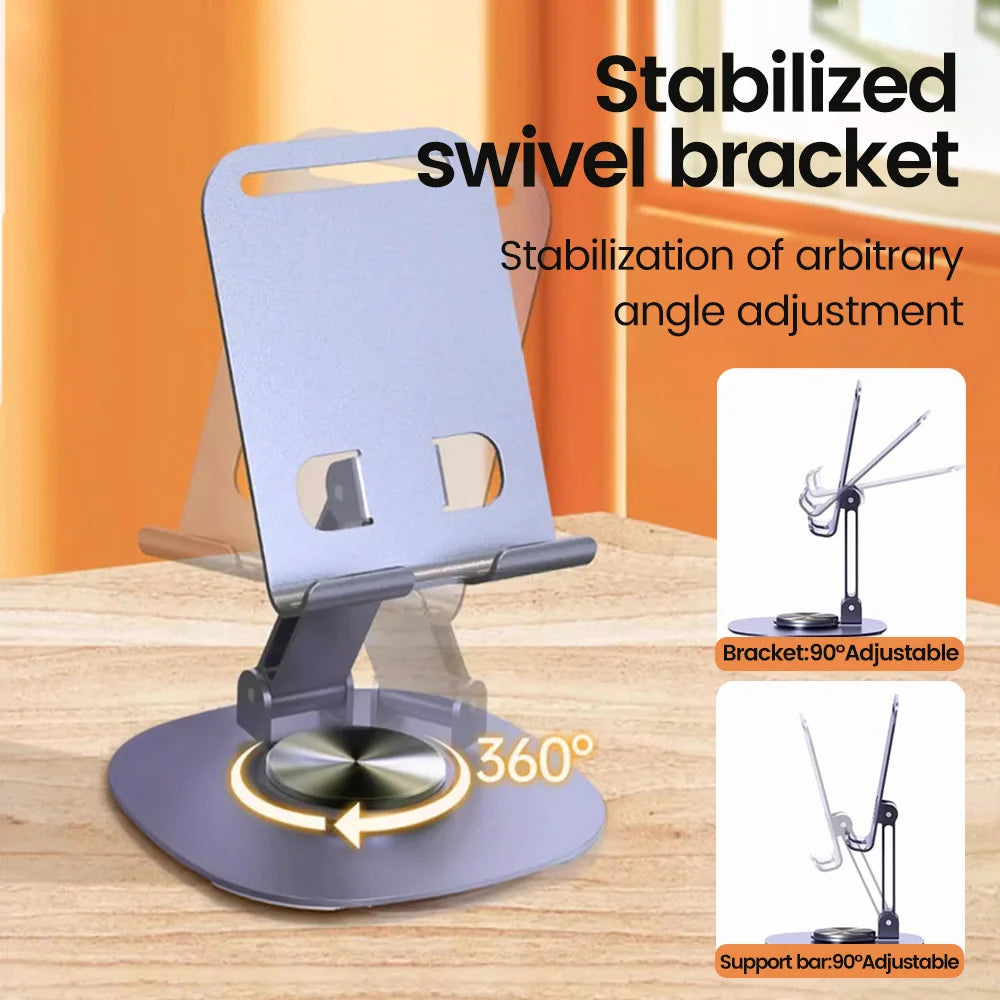 Olaf adjustable aluminum rotating stand for mobile and tablet, desktop accessory in gray, supports devices securely.