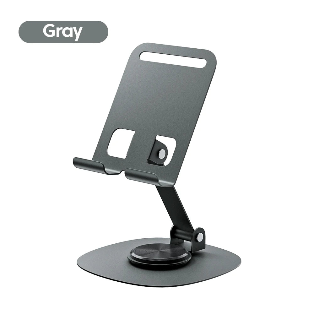 Olaf adjustable aluminum rotating stand for mobile and tablet on desk, showing a sleek gray support with adjustable angles.
