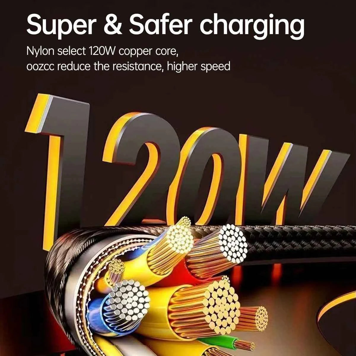 OOZCC USB C fast charging cable with LED indicator, 120W power, 6A, 2 meters for mobile device charging and data transfer.