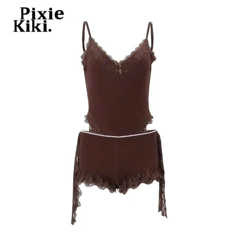 PixieKiki women's summer 2026 brown lace body and shorts two-piece set, stylish and comfortable for warm weather.