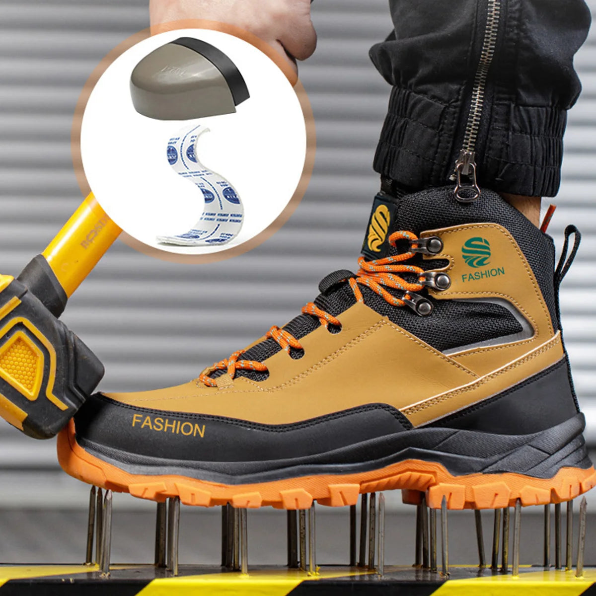 Yellow men's safety work boots by Quelerk with steel toe cap, anti-perforation and anti-collision features for industrial safety.