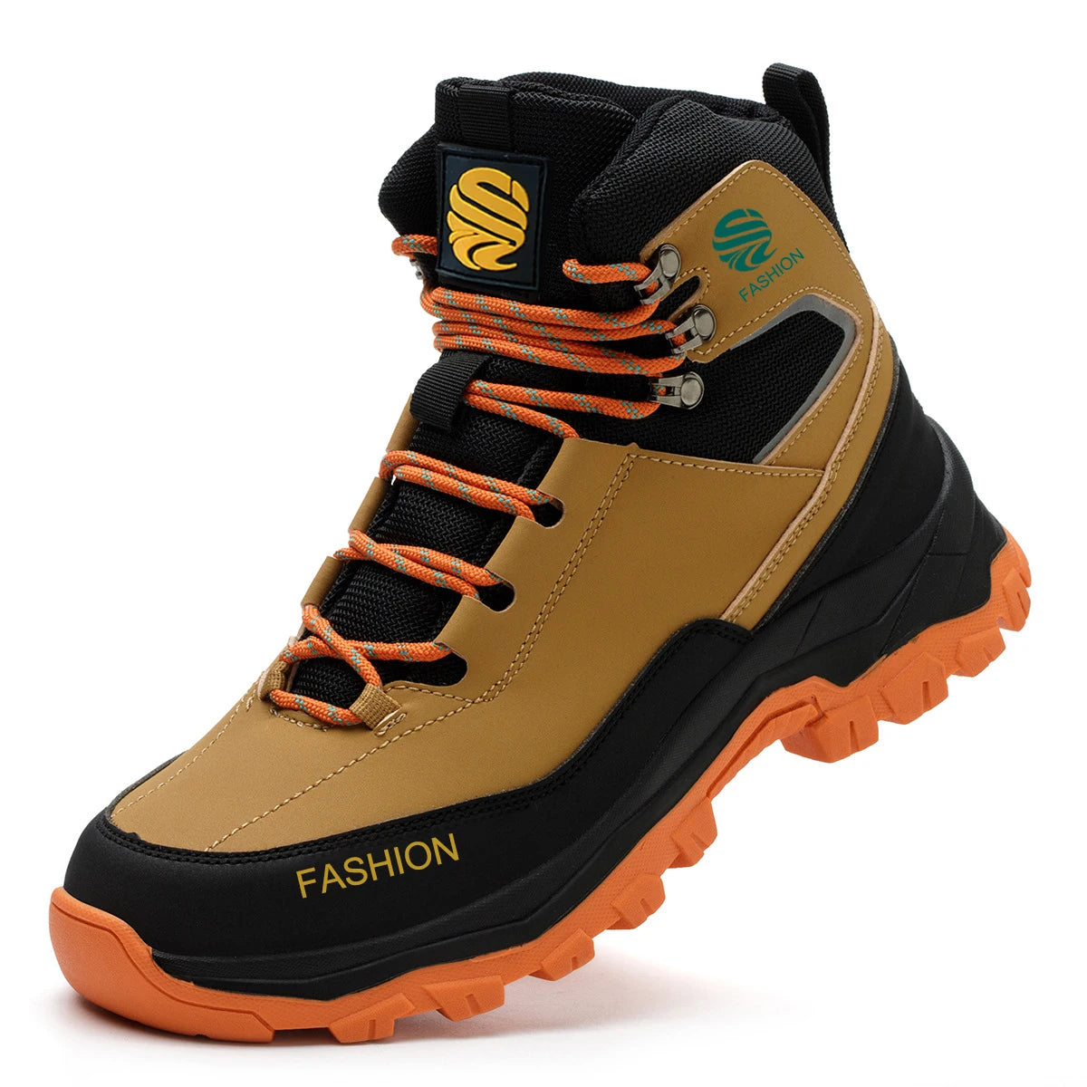 Quelerk men's safety work boots with steel toe cap, anti-perforation, and collision-resistant design in yellow.