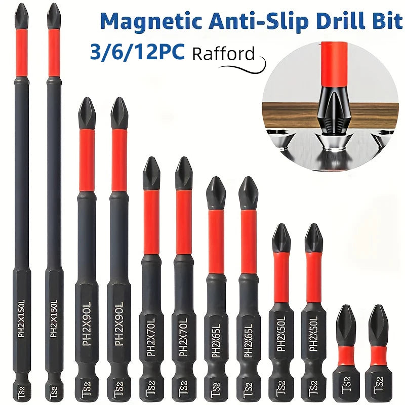 Set of Rafford magnetic, slip-resistant drill bit sets with 3, 6, or 12 pieces, ideal for precision drilling tools.
