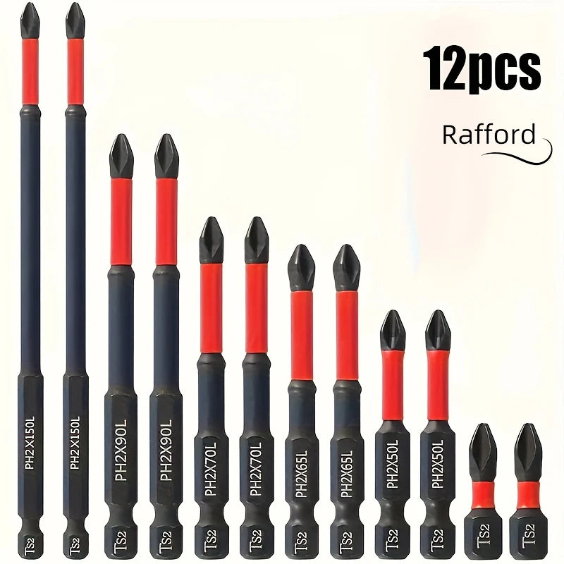 Rafford magnetic slip-resistant drill bit set with 3, 6, or 12 pieces, ideal for precise drilling in tools and hardware.