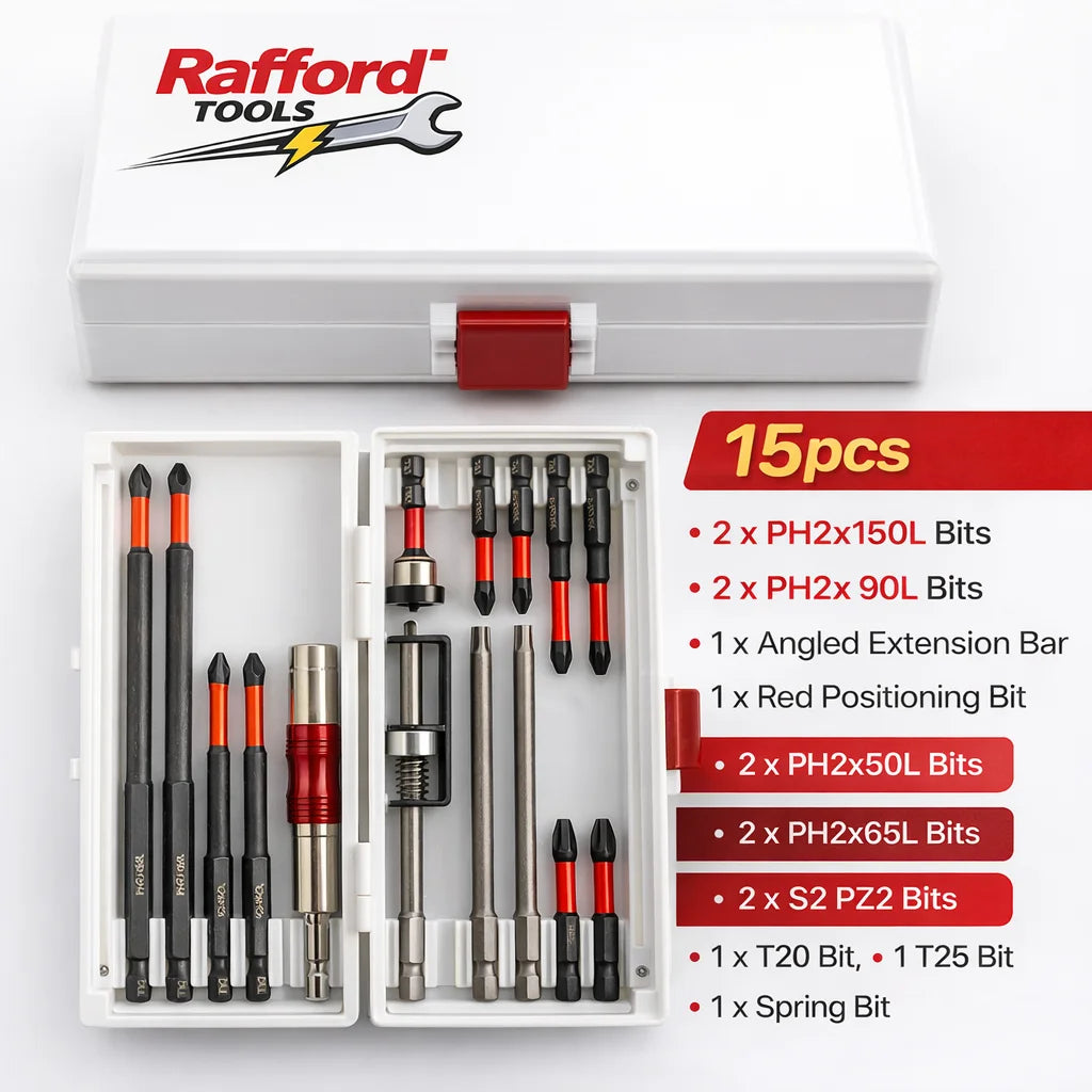 Set of Rafford magnetic, anti-slip drill bits and screwdriver tips in 3, 6, or 12-piece packs for versatile tool use.