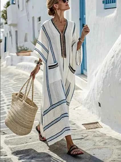 Large beige bohemian striped casual summer dress by RHJPEADL, loose fit, comfortable style, perfect for warm weather.