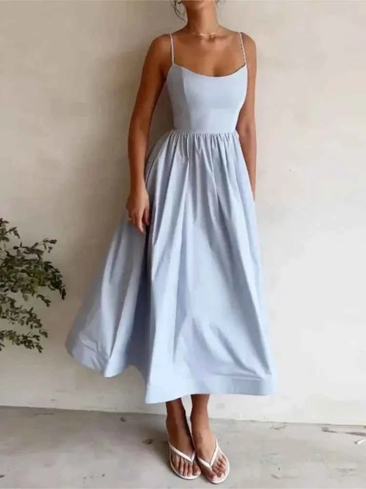 Elegant pink midi dress for women with thin straps, line A silhouette, perfect for vacations, by RHJPEADL.