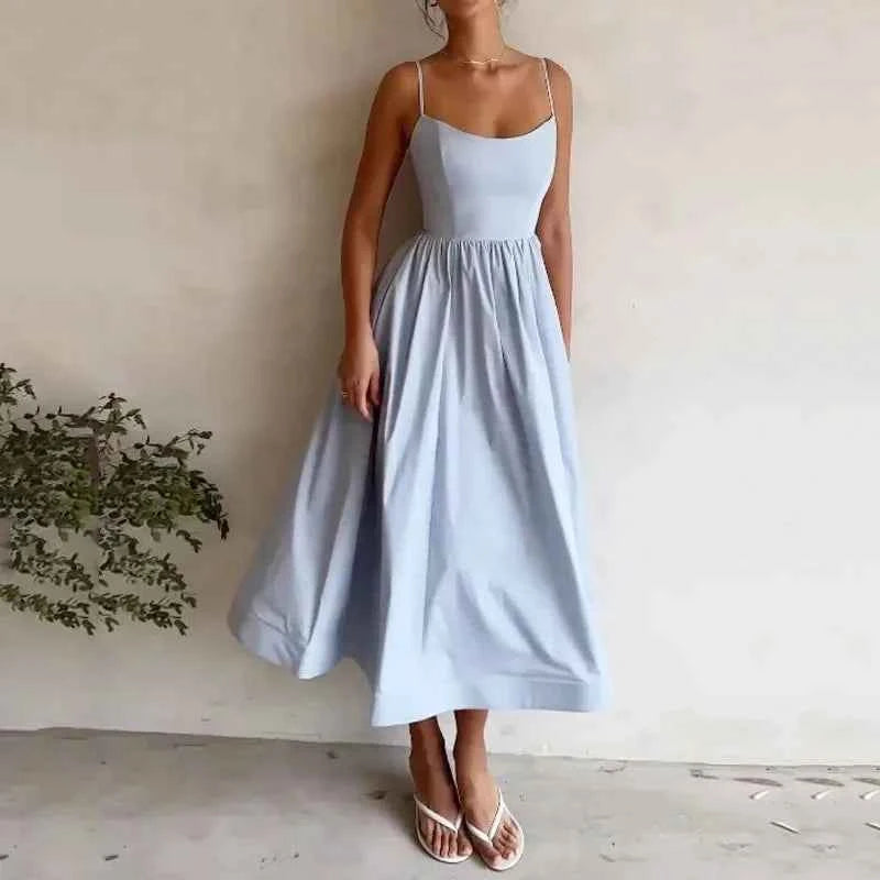Elegant pink midi dress for women with thin straps, line A cut, perfect for vacation and stylish occasions by RHJPEADL.
