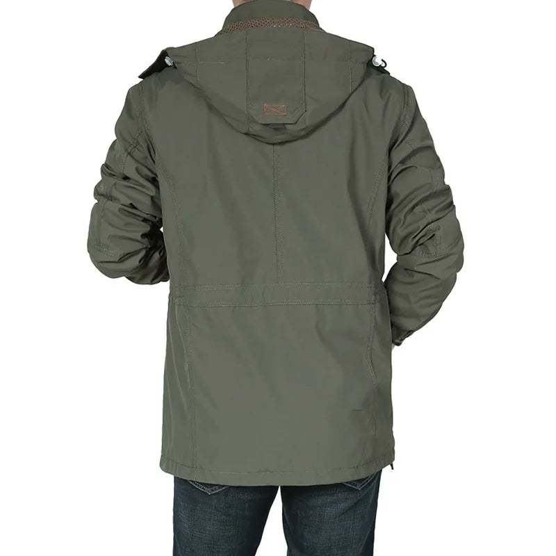 Rindu men's tactical windproof waterproof jacket with hood in khaki, suitable for hiking and outdoor activities.