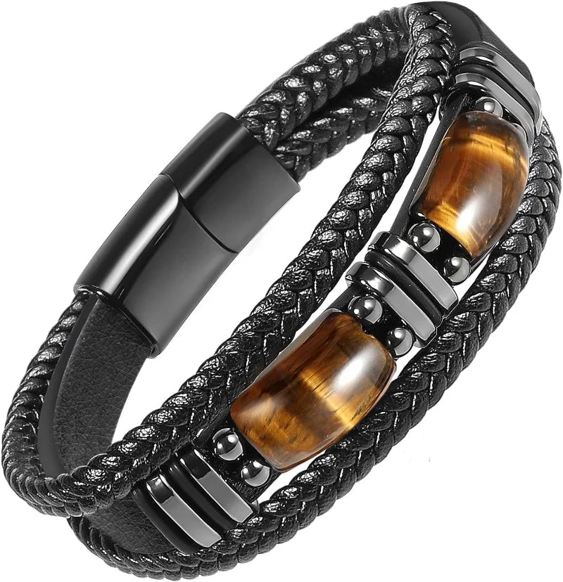 Black leather men's bracelet with tiger's eye beads from RUIYI, featuring a protective and stylish design.