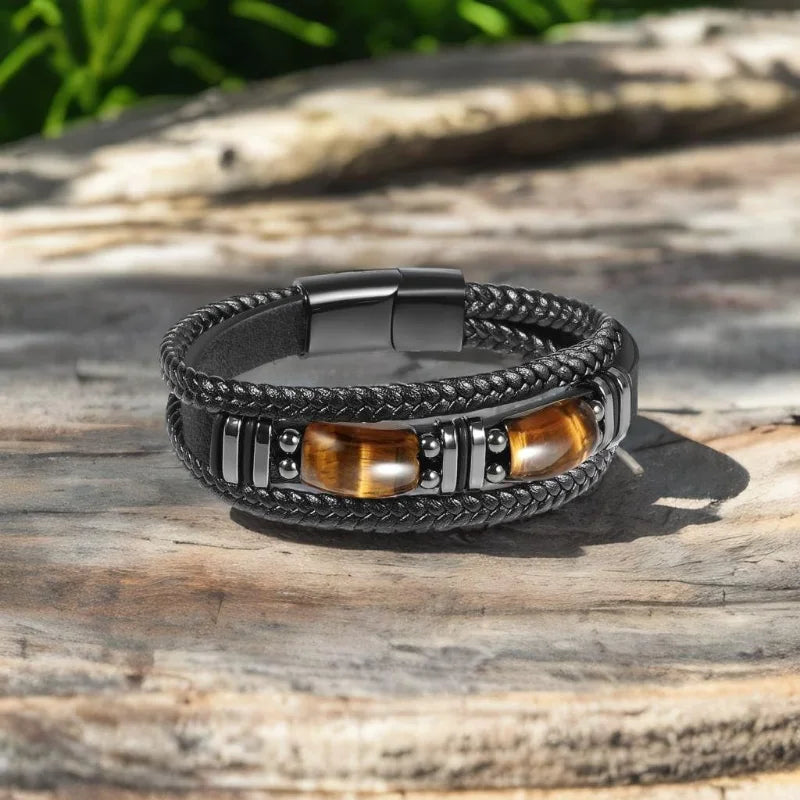 RUIYI black leather men's bracelet with tiger's eye stone, 19cm, stylish men's jewelry for protection and fashion.
