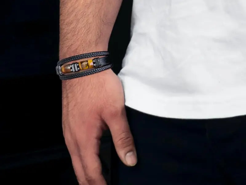 RUIYI black leather men's bracelet with tiger's eye stone, 19cm, stylish jewelry for protection and masculine fashion.