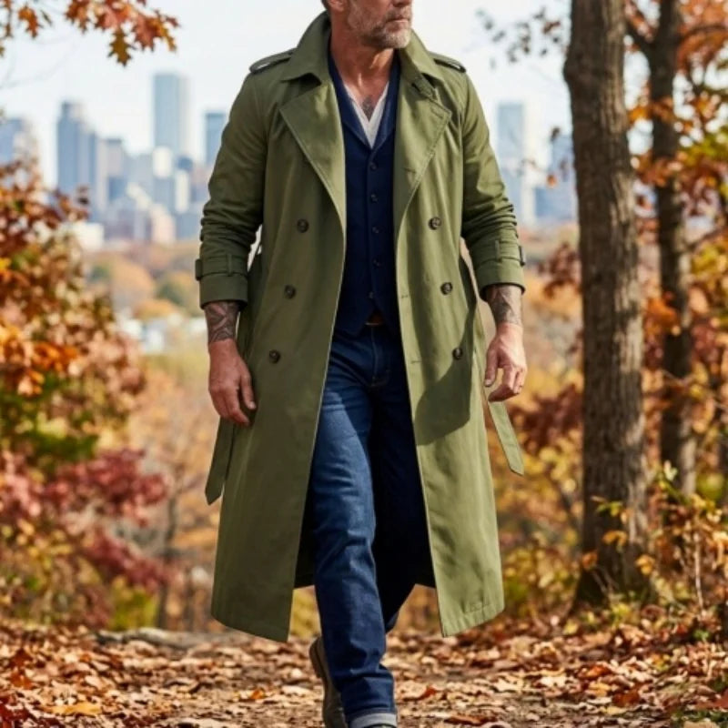 Long black men's raincoat by RVHSWDS, lightweight windbreaker suitable for fall and spring seasons.
