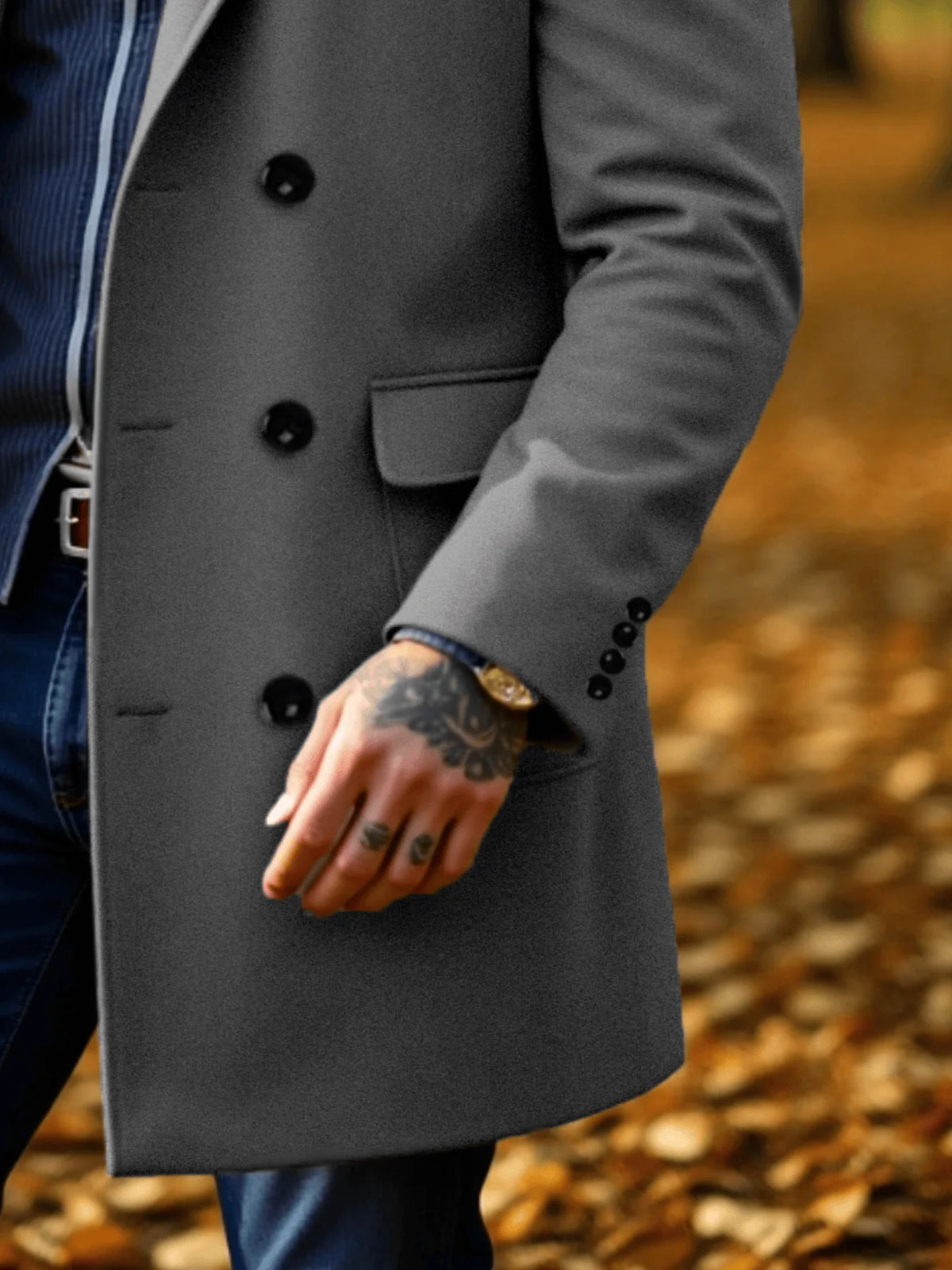 RVHSWDS men's black wool winter coat with double buttons, thick and warm, suitable for business and cold weather.