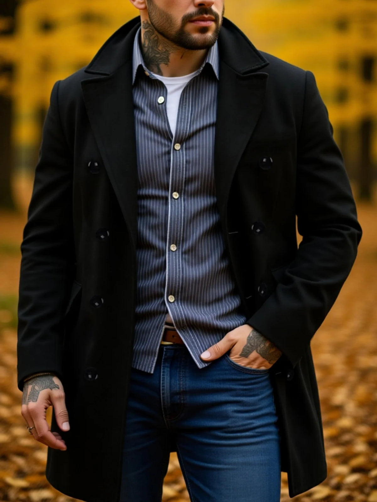 Black RVHSWDS men's winter wool coat with double button closure, thick and warm, suitable for business and casual winter wear.