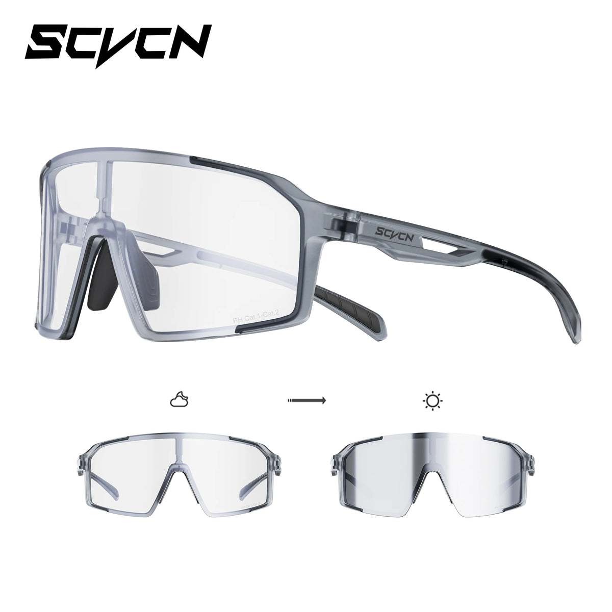 SCVCN photochromic sports sunglasses for men and women with UV400 protection, suitable for cycling and outdoor activities.