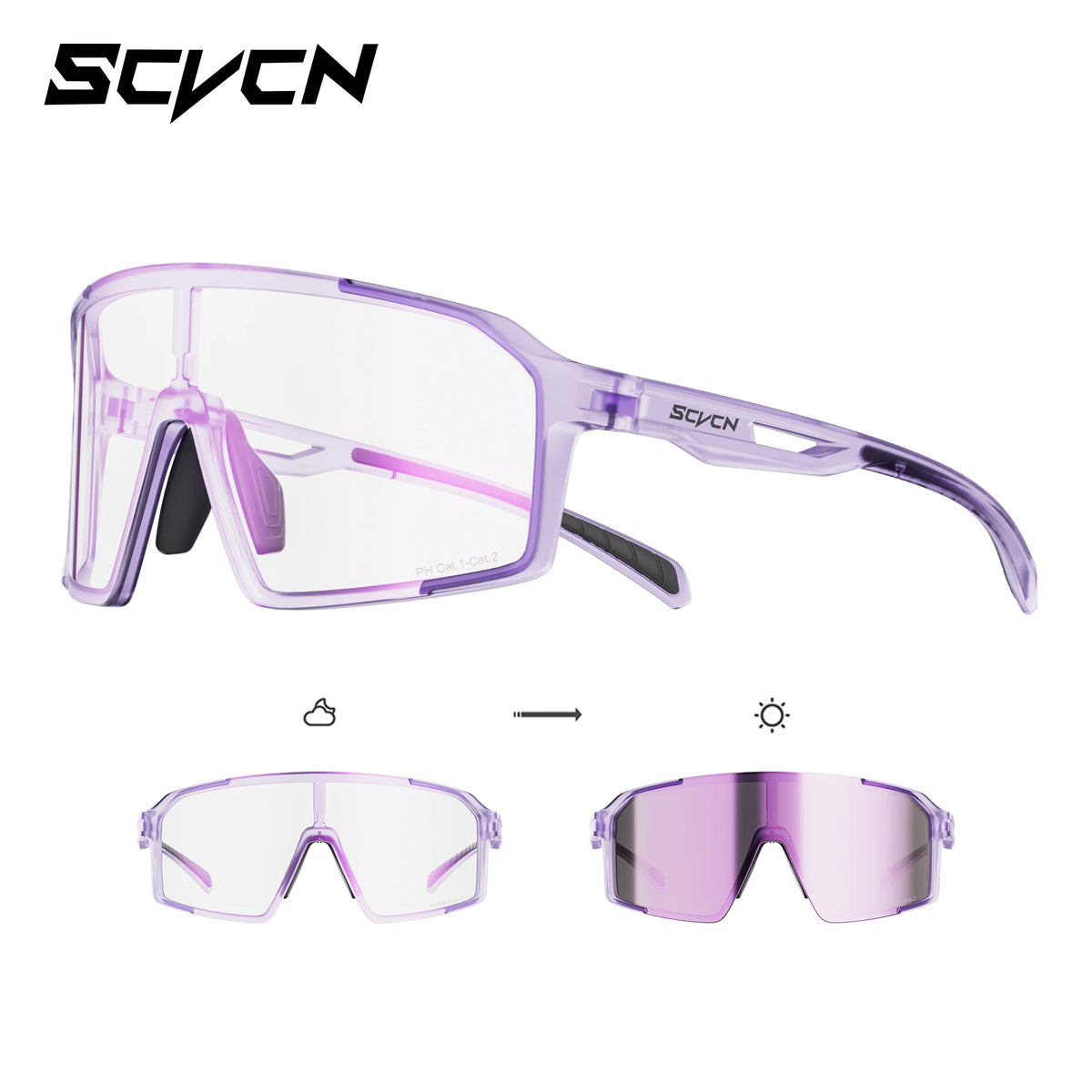SCVCN photochromic sports sunglasses for men and women, UV400 protection, stylish cycling eyewear with tinted lenses