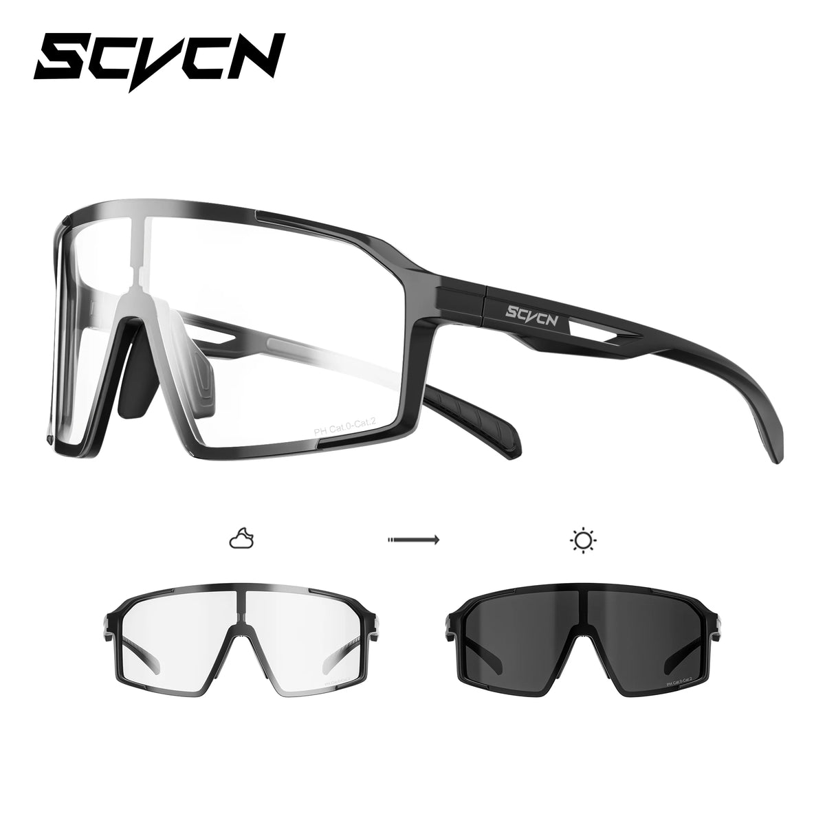 SCVCN photochromatic sports sunglasses for cycling, UV400 protection, suitable for men and women, stylish outdoor eyewear.