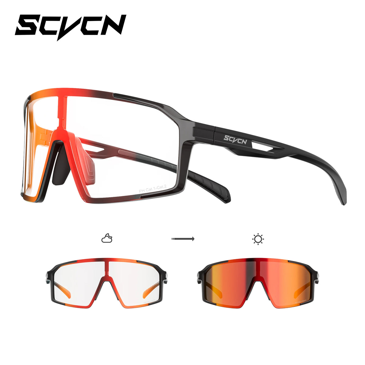 SCVCN photochromic sports sunglasses for men and women with UV400 protection, ideal for cycling and outdoor activities.