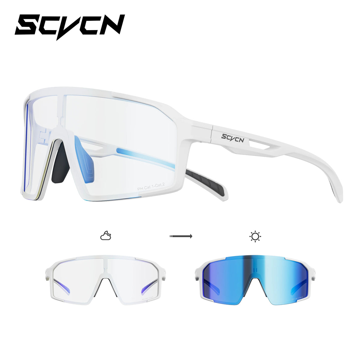 SCVCN photochromic sports sunglasses for men and women with UV400 protection, stylish design for cycling and outdoor activities.