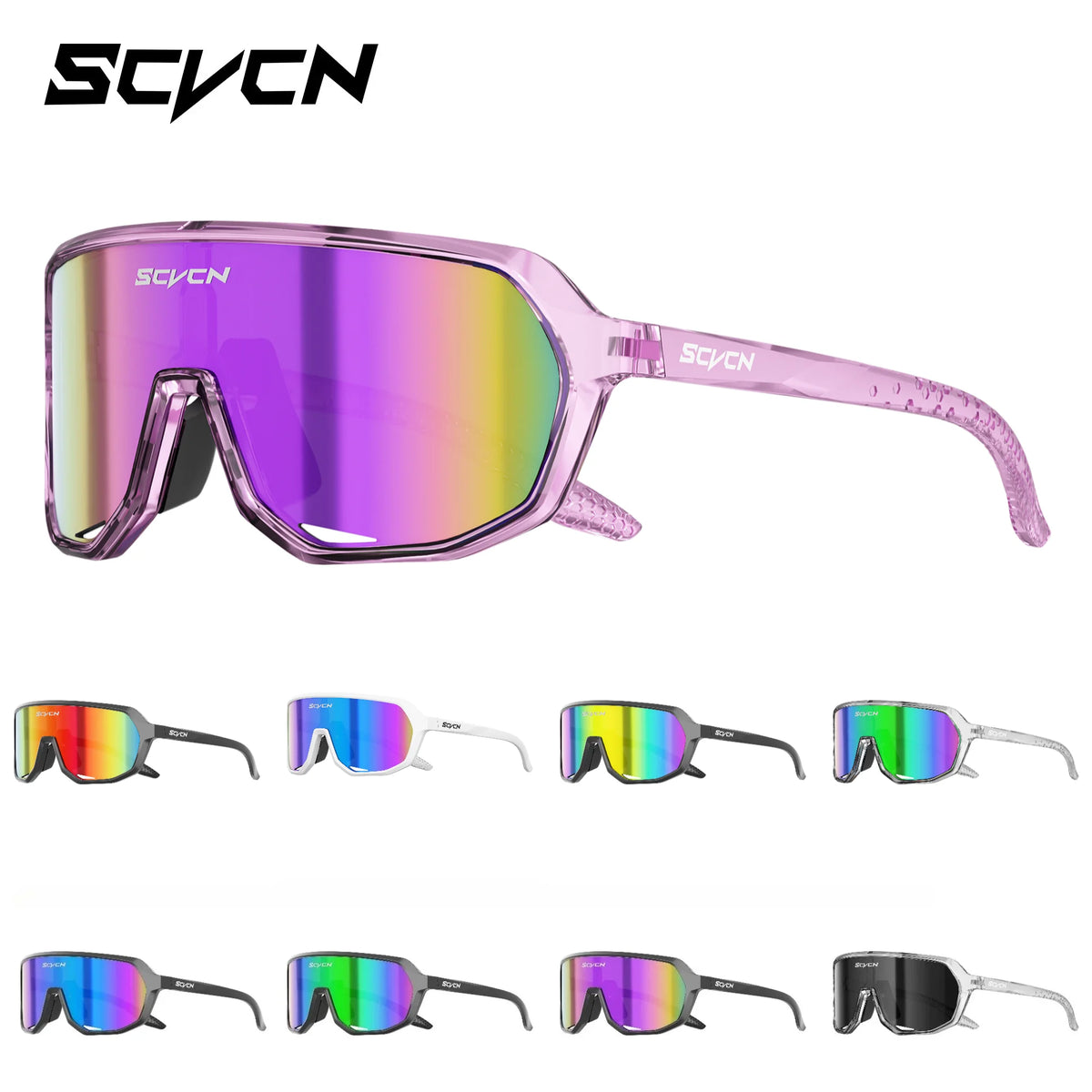 SCVCN UV400 polarized sports sunglasses for cycling and outdoor activities with sleek black frames and tinted lenses.