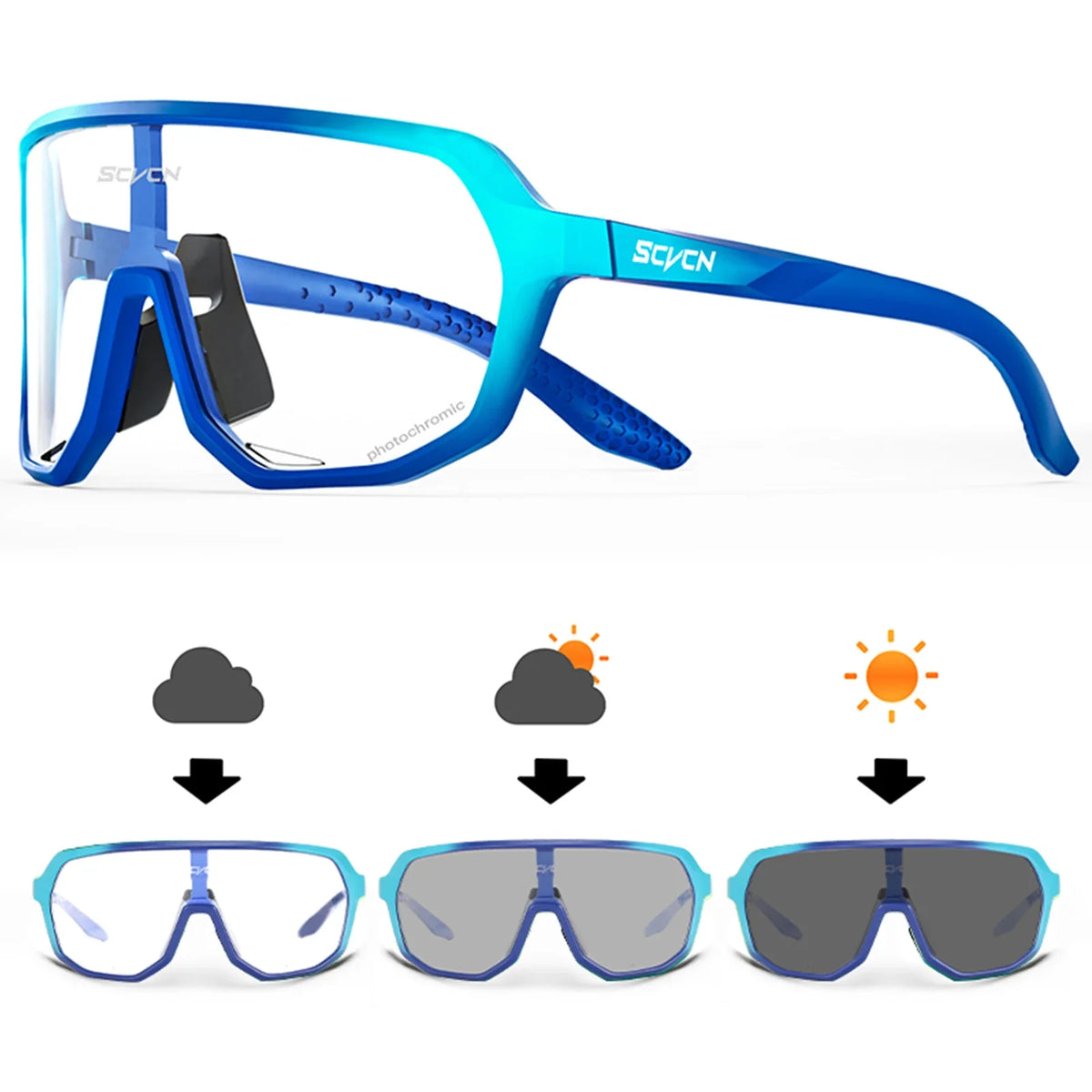 SCVCN polarized UV400 sports sunglasses for cycling and outdoor activities, with sleek black frame and tinted lenses.
