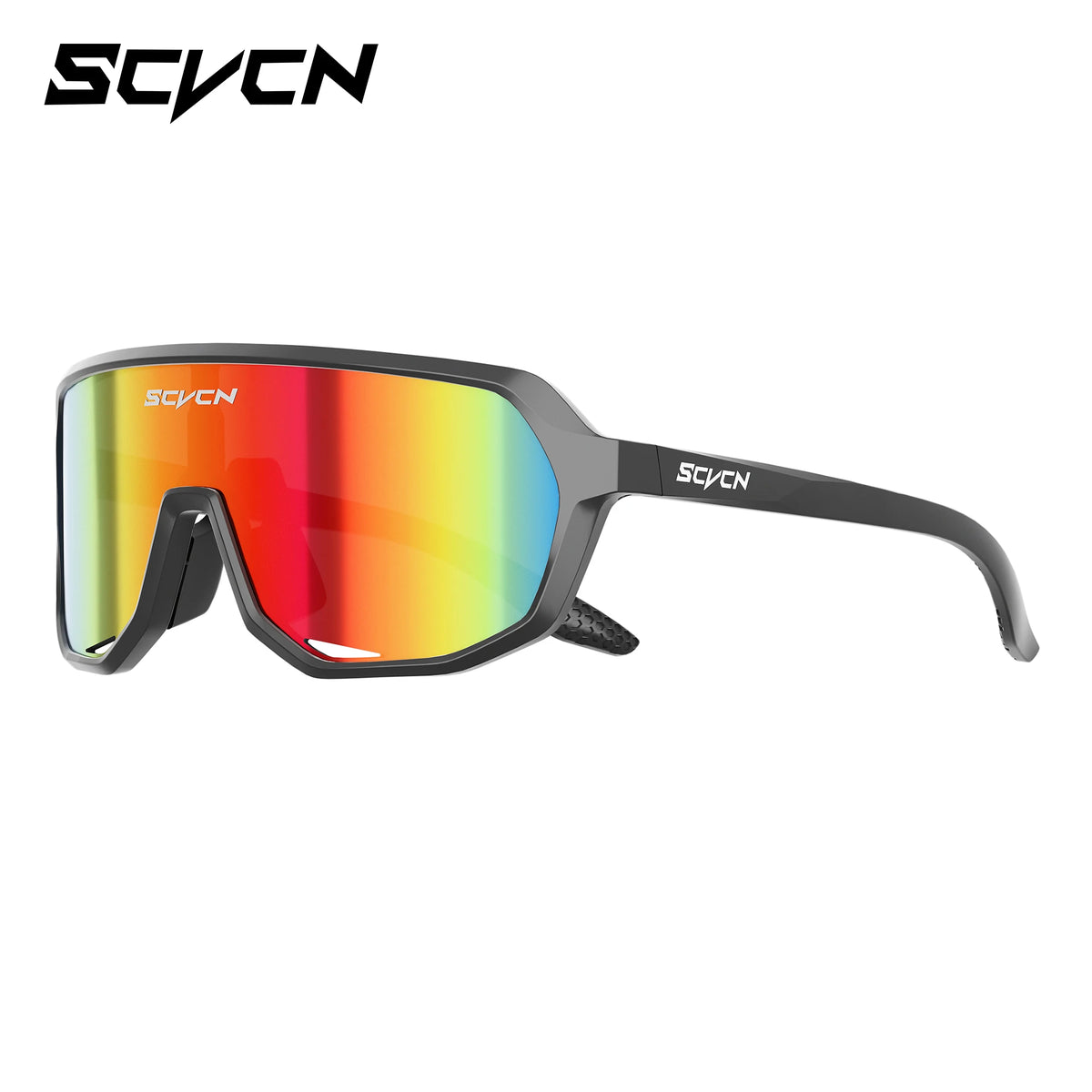 SCVCN polarized UV400 sports sunglasses for cycling and outdoor activities, with sleek black frame and mirrored lenses.