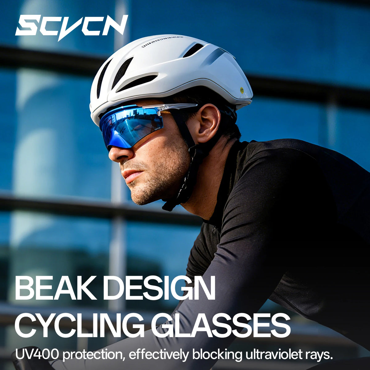 SCVCN UV400 sports cycling sunglasses for men and women, lightweight MTB eyewear with single lens and sporty design.
