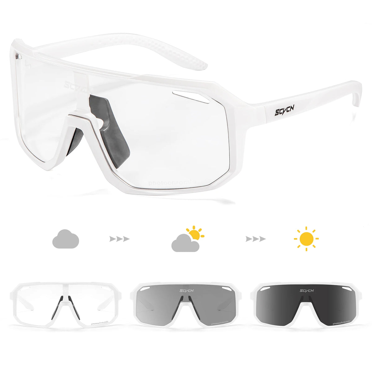 SCVCN photochromic cycling sunglasses for men and women with UV400 protection, sporty design, suitable for outdoor cycling.