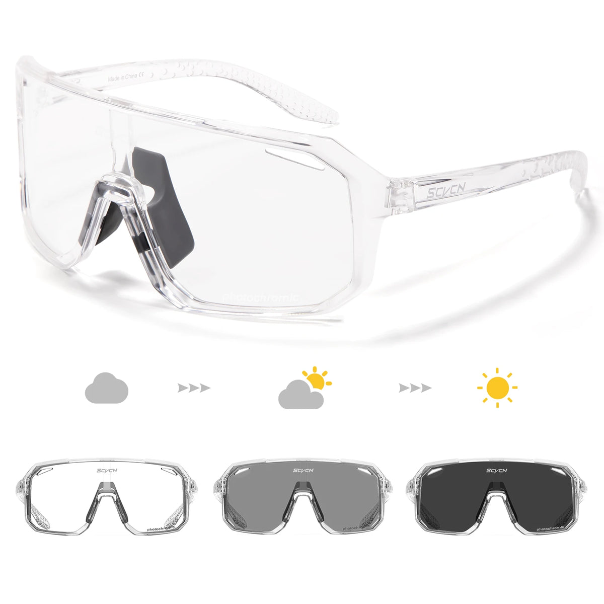 SCVCN photochromic cycling sunglasses for men and women, UV400 protection, sporty design, ideal for cycling activities.