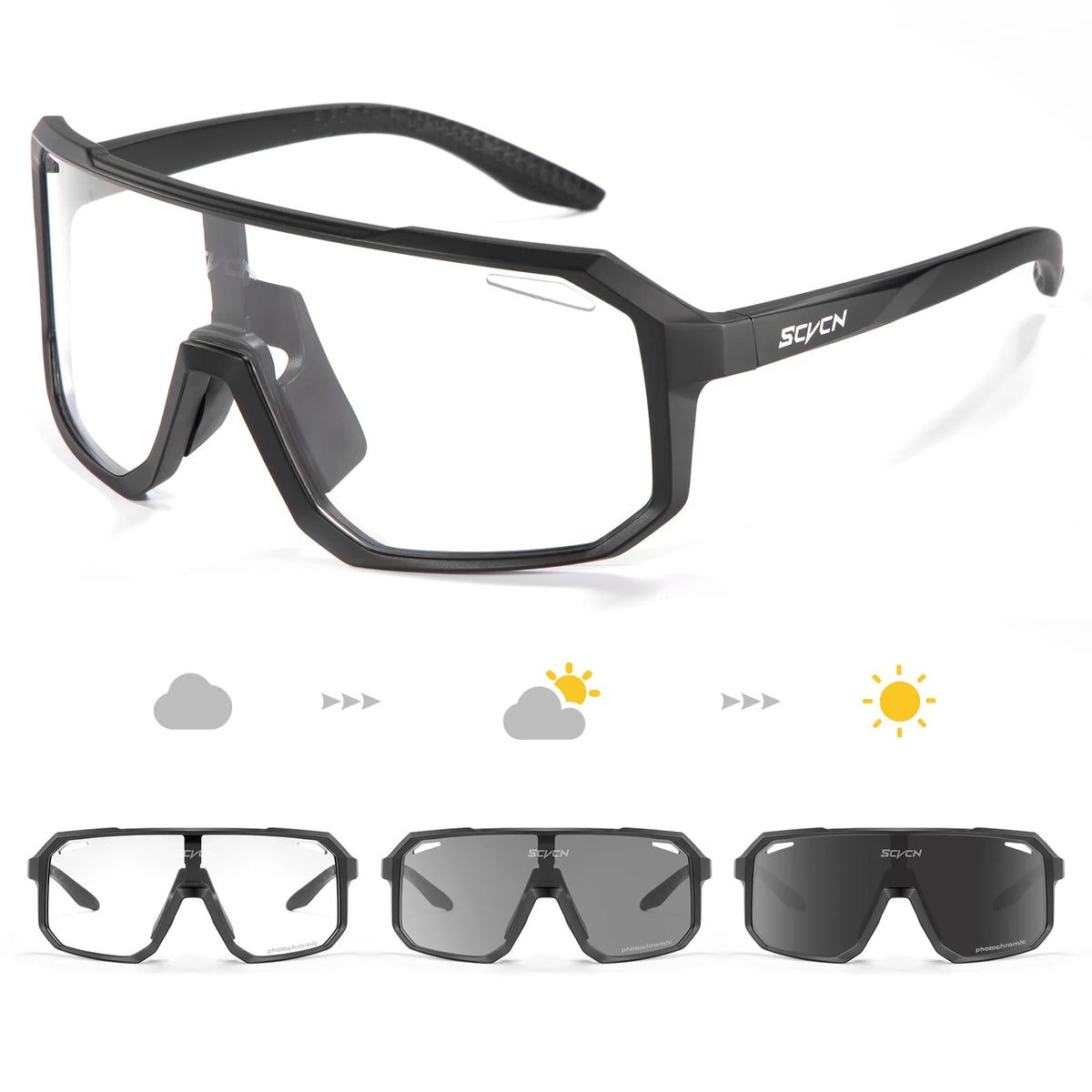 SCVCN photochromic cycling sunglasses for men and women with UV400 protection, sporty design for outdoor cycling.