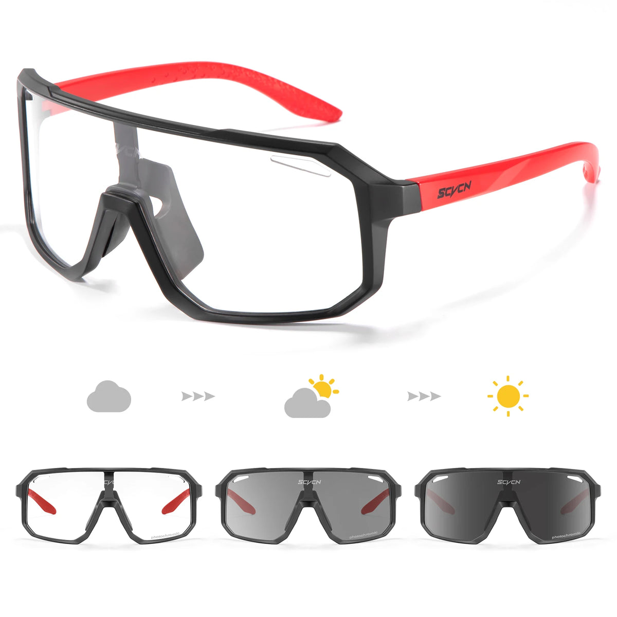 SCVCN photochromic cycling sunglasses with UV400 protection for men and women, suitable for sports and outdoor riding.