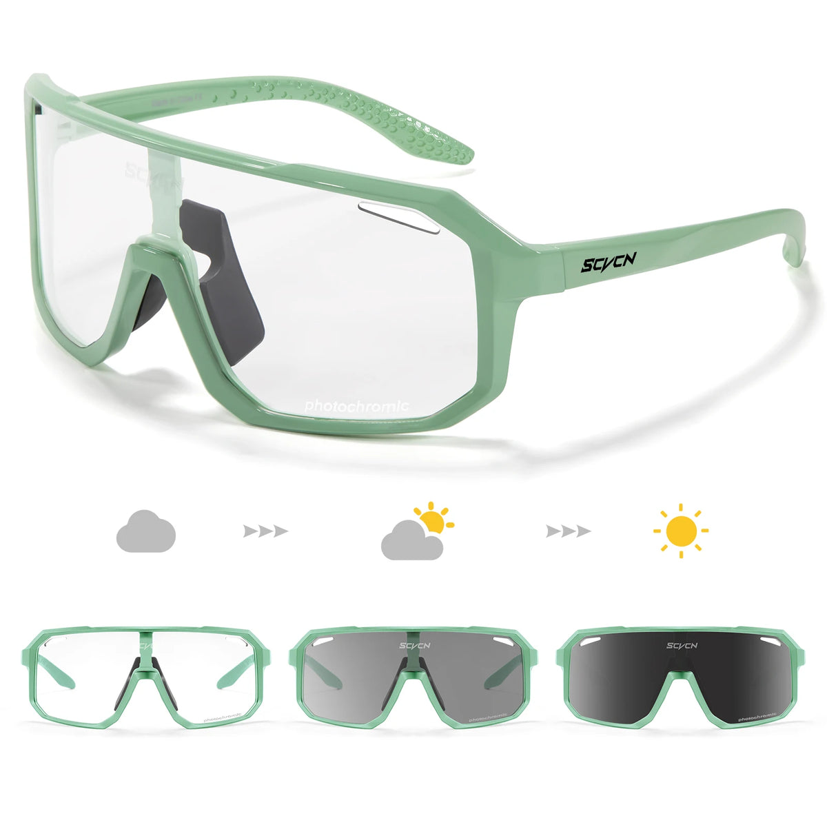 SCVCN photochromic cycling sunglasses for men and women with UV400 protection, sporty design, and adjustable fit.