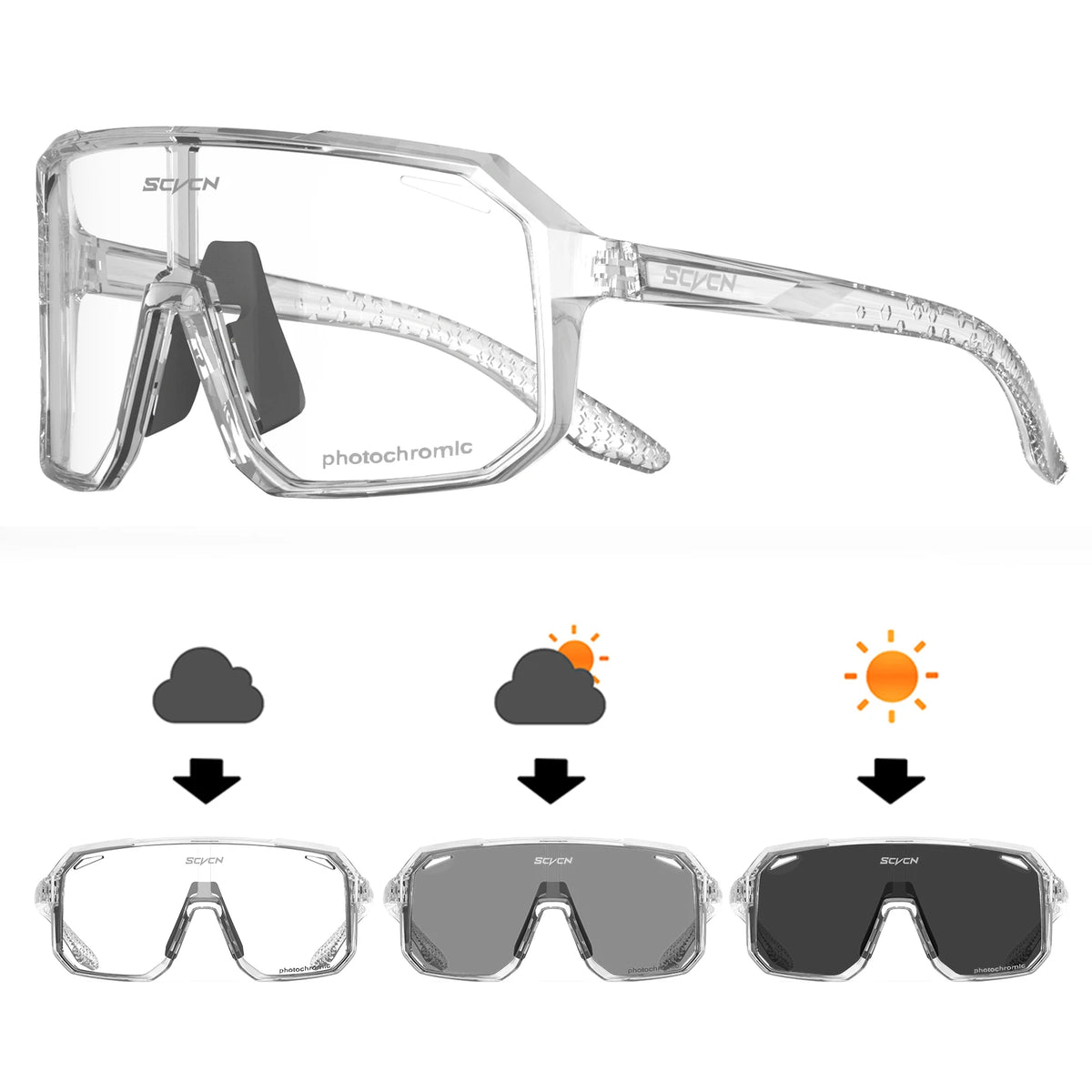 SCVCN UV400 photochromic cycling sunglasses for outdoor sports, unisex design, with one lens, suitable for outdoor cycling activities.