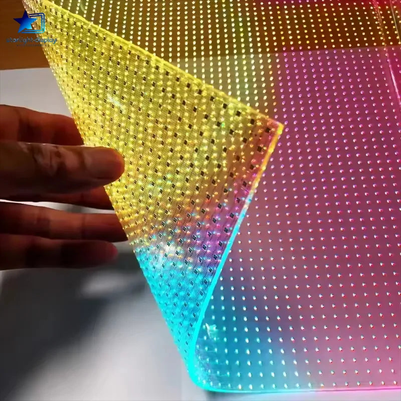 Transparent LED display panel by Starlight-display with high brightness of 1500-6500cd/m², used for electronic LED screen applications.