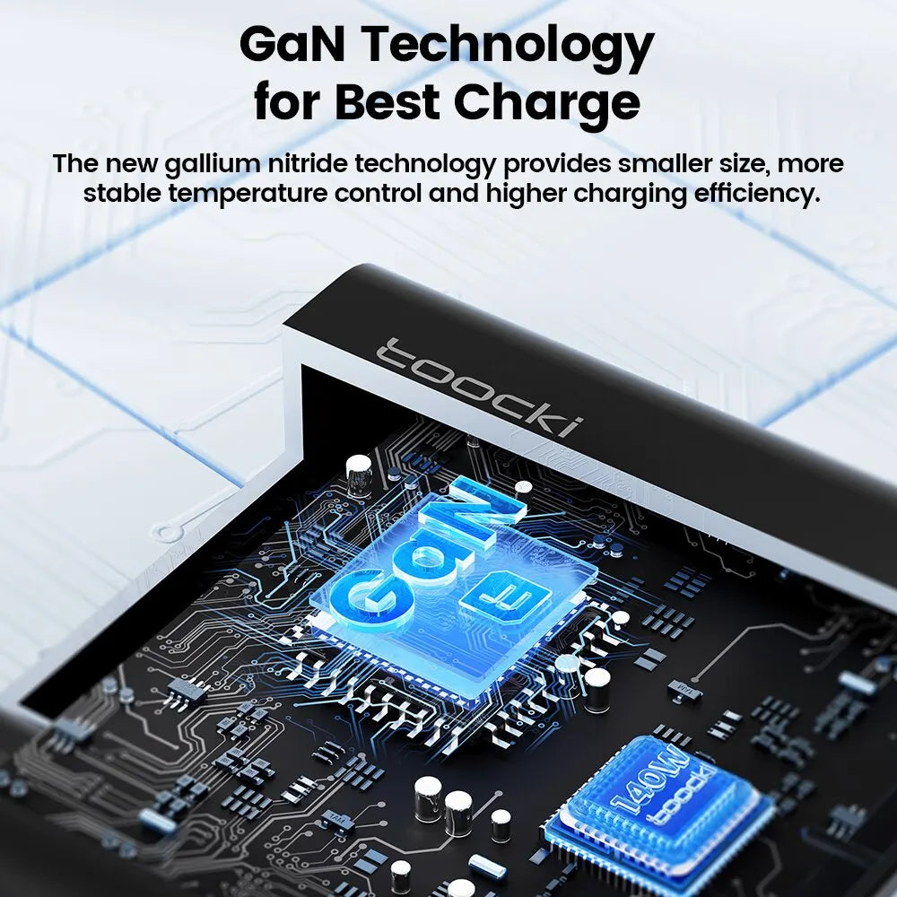 Toocki GaN 140W desktop charger with 5 fast-charging ports and LED indicator, designed for electronic accessories.