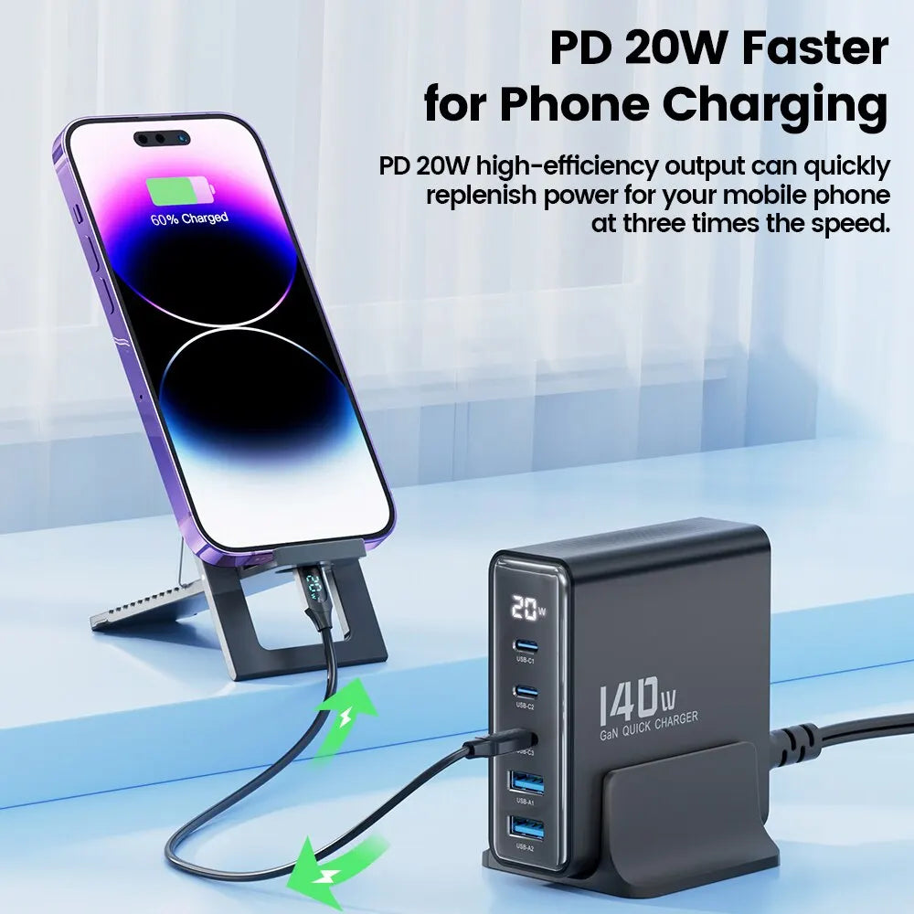 Toocki 140W GaN 5-in-1 desktop charger with LED display, multiple ports, compact design, ideal for fast charging electronics.
