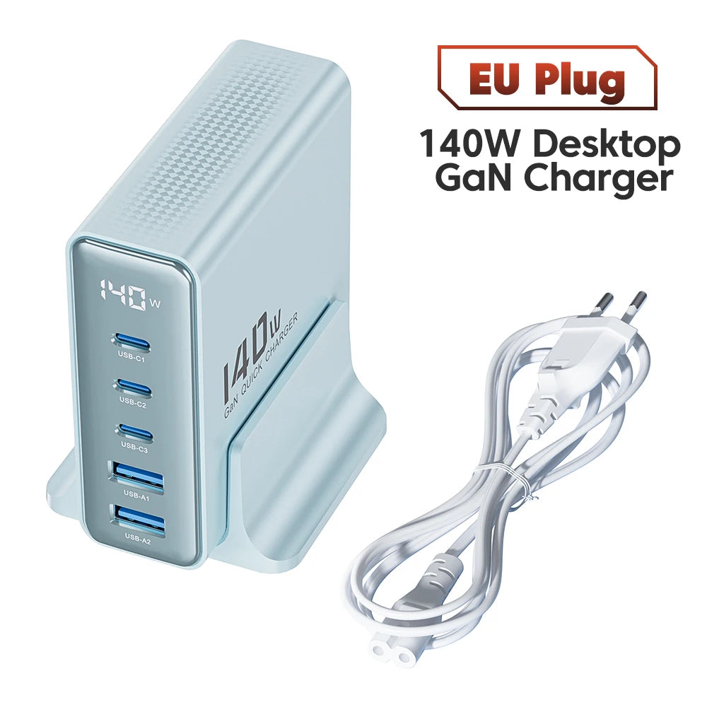 Toocki 140W GaN 5-in-1 desktop charger with LED display, featuring multiple USB ports for fast charging electronic devices.