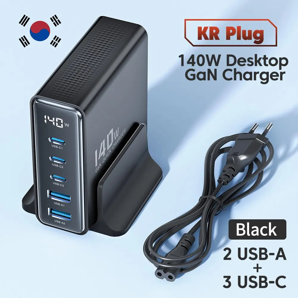 Toocki 140W GaN 5-in-1 desktop charger with LED display, fast charging, and multiple ports for electronic devices.