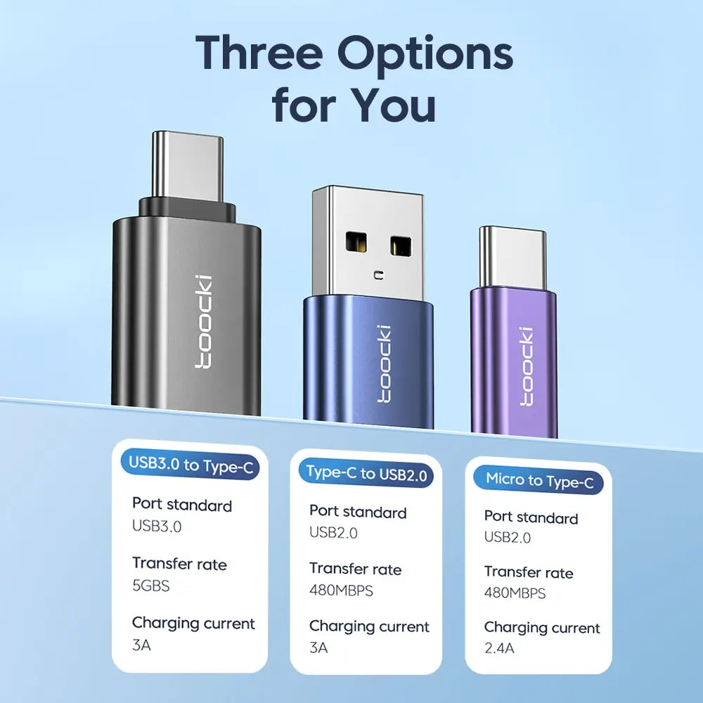Toocki USB-C male to USB-A female adapter in blue, compact electronic accessory for quick device connections.
