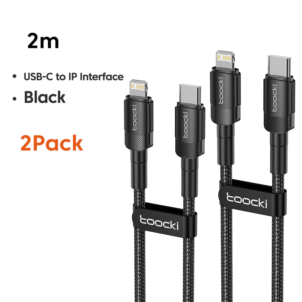 Two black Toocki 20W USB-C to Lightning fast charging cables, 0.5m, ideal for secure and quick device charging.