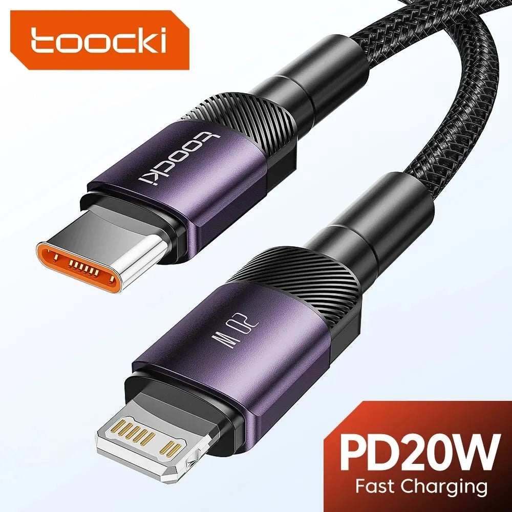 Two black Toocki 20W USB-C to Lightning fast charging cables for iPhone, 0.5m length, durable electronic accessories.