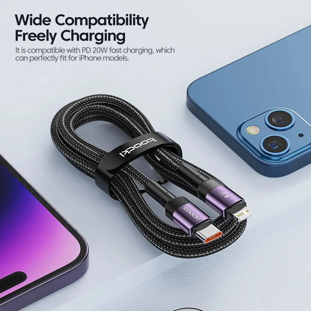 Black Toocki 20W USB-C to Lightning fast charging cables for iPhone, 0.5m, set of 2, durable electronic accessories.