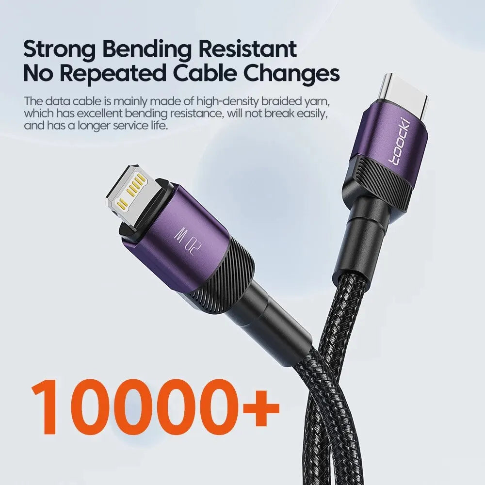 Two black Toocki 20W USB-C to Lightning fast charging cables for iPhone, 0.5 meters long, ideal for quick power transfer.