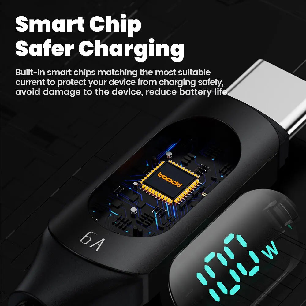 Blue Toocki USB-C 100W cable for fast charging; compatible with Huawei, Samsung, Xiaomi devices, 1 meter length.
