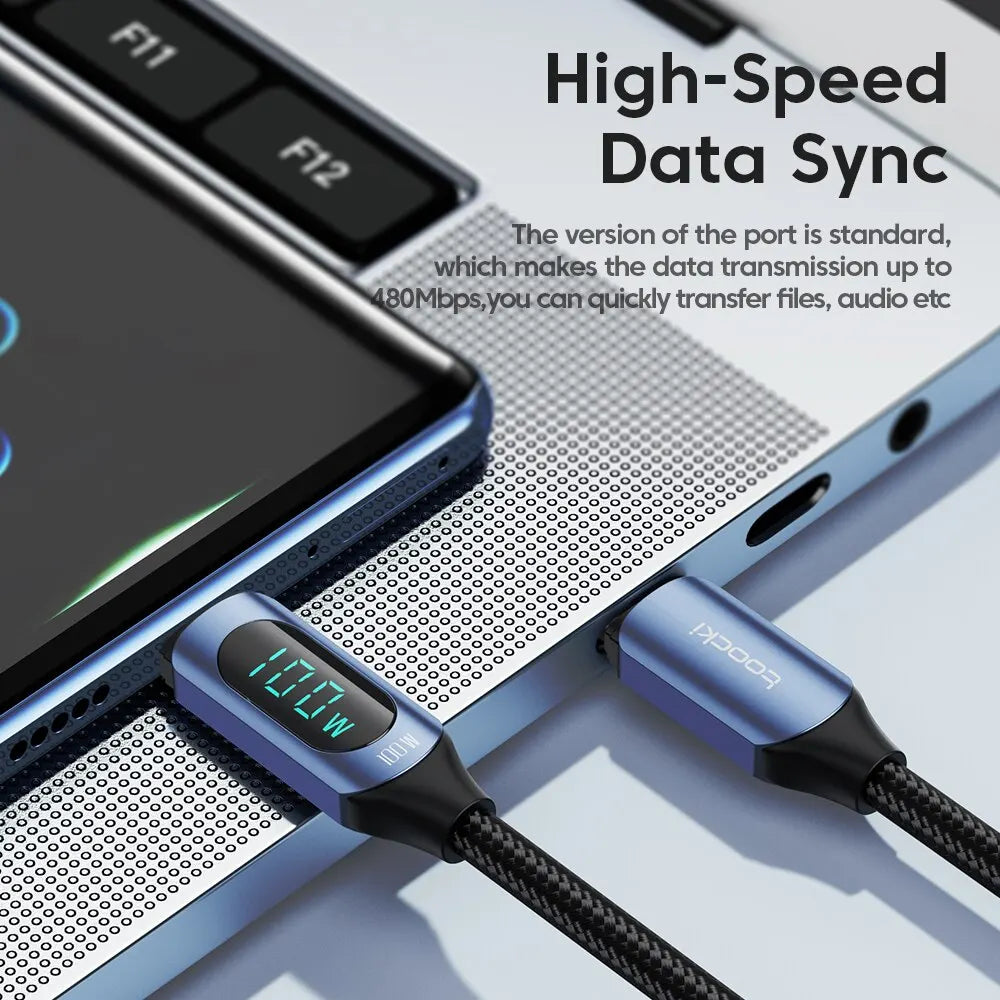 Toocki USB-C cable with digital display, 100W fast charging, compatible with electronic devices, white 1-meter cable.